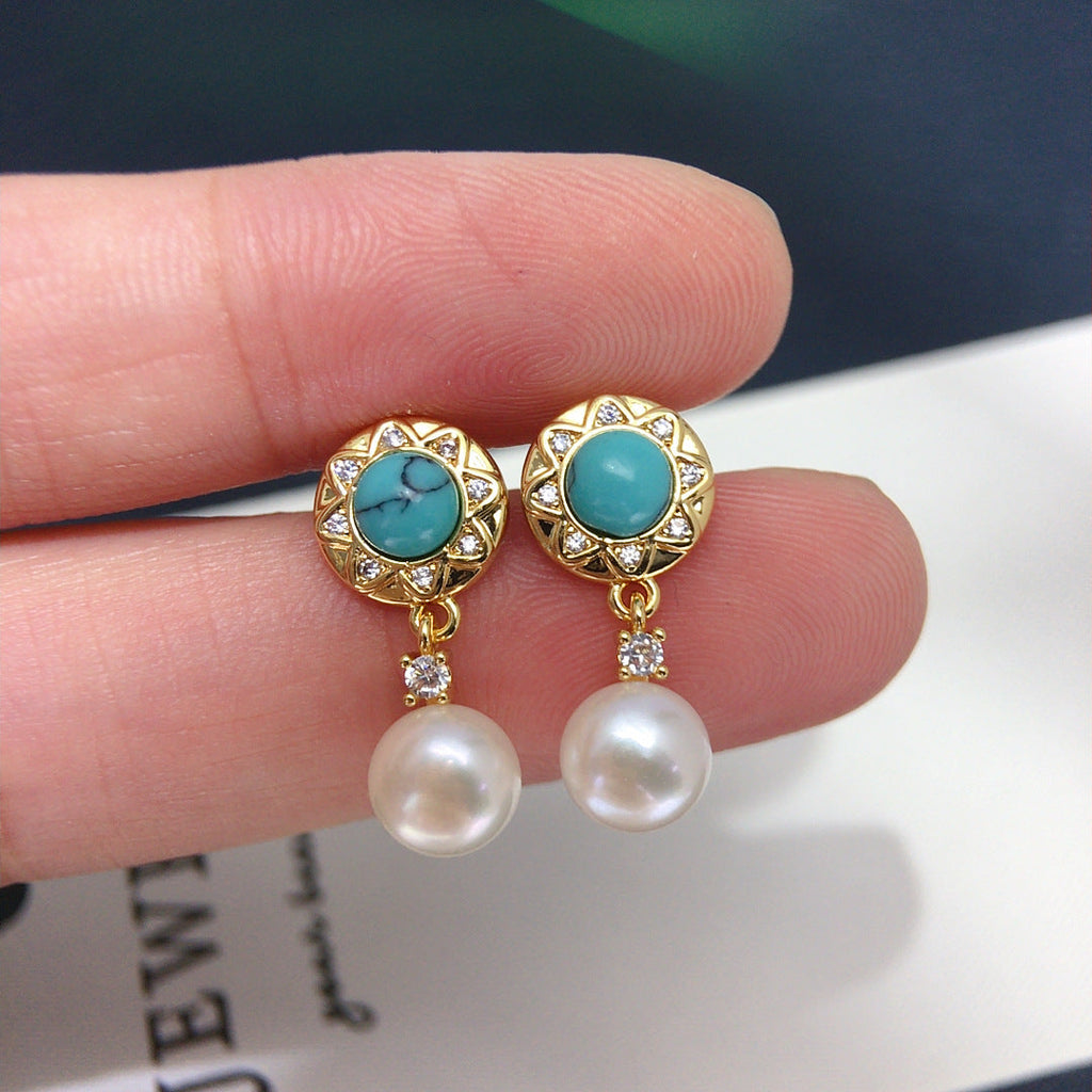 100 Natural freshwater pearl earrings for women light luxury medieval retro simple turquoise pearl earrings