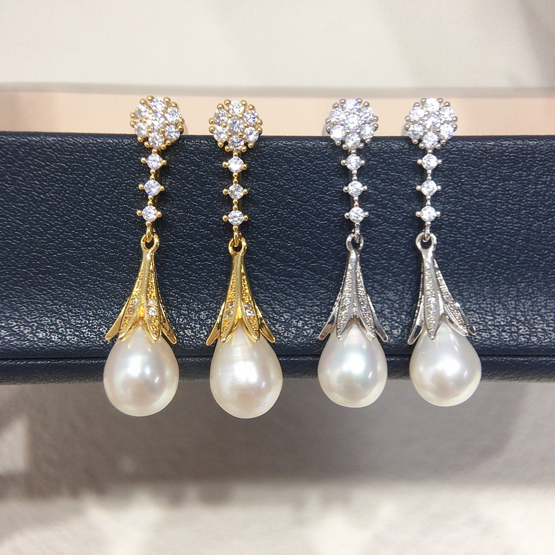 73 Natural freshwater pearl earrings Retro palace style Micro inlaid with zircon water droplet shaped pearl earrings