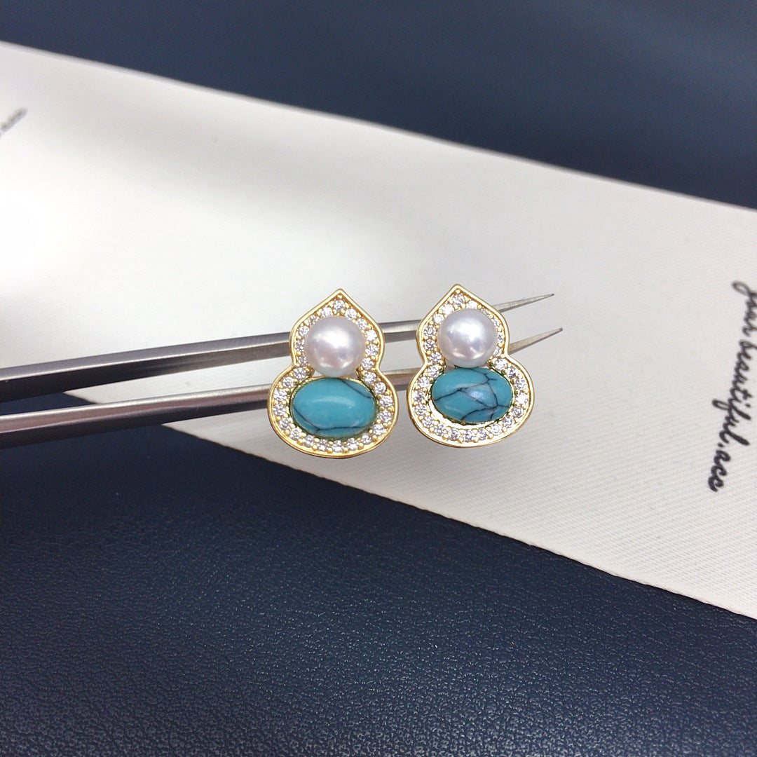 78 New Turquoise Gourd Natural Freshwater Pearl Earrings for Women's Fortune Retro Luxury Pearl Earrings