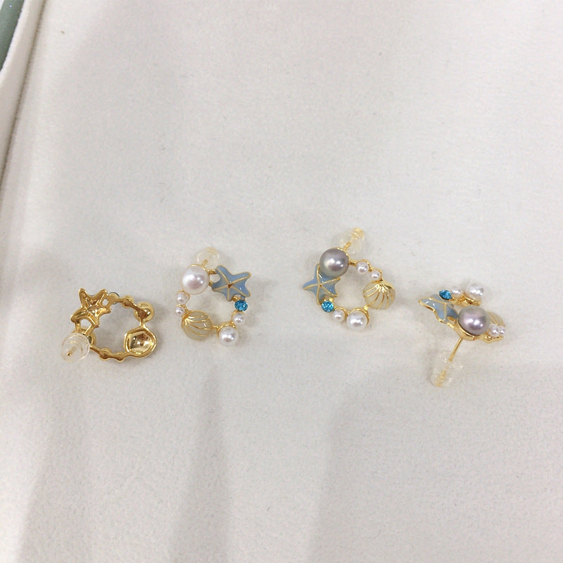 74 Natural Freshwater Pearl Earrings Sea Star Shell Pearl Earrings Exquisite and Cute Women's Jewelry