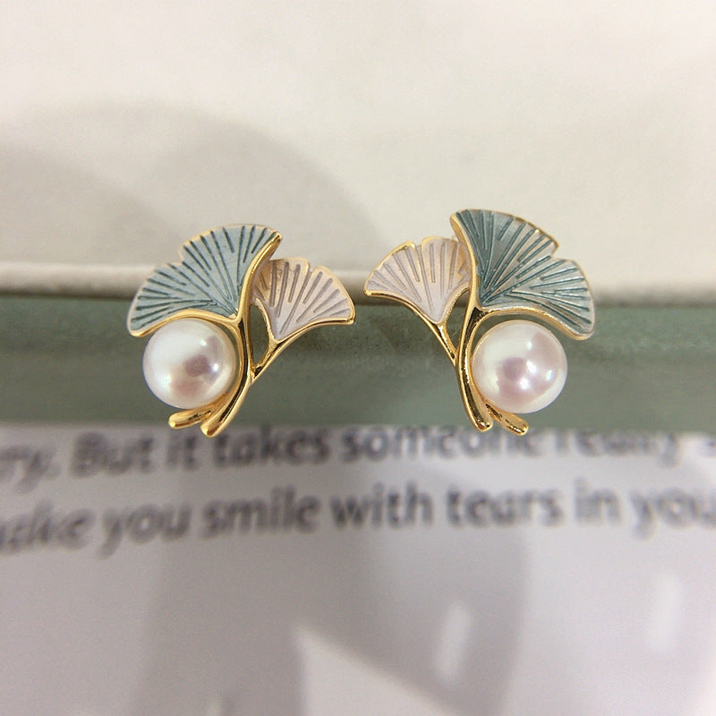 88 High brightness natural freshwater pearl earrings for women fresh ginkgo leaf pearl earrings