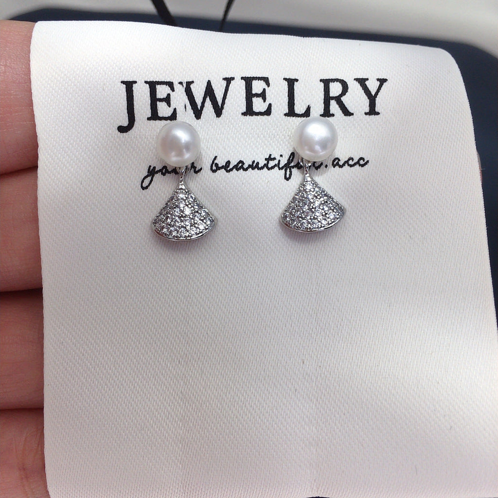 89 Natural freshwater pearl earrings simple and fashionable small dance skirt micro inlaid zircon pearl earrings