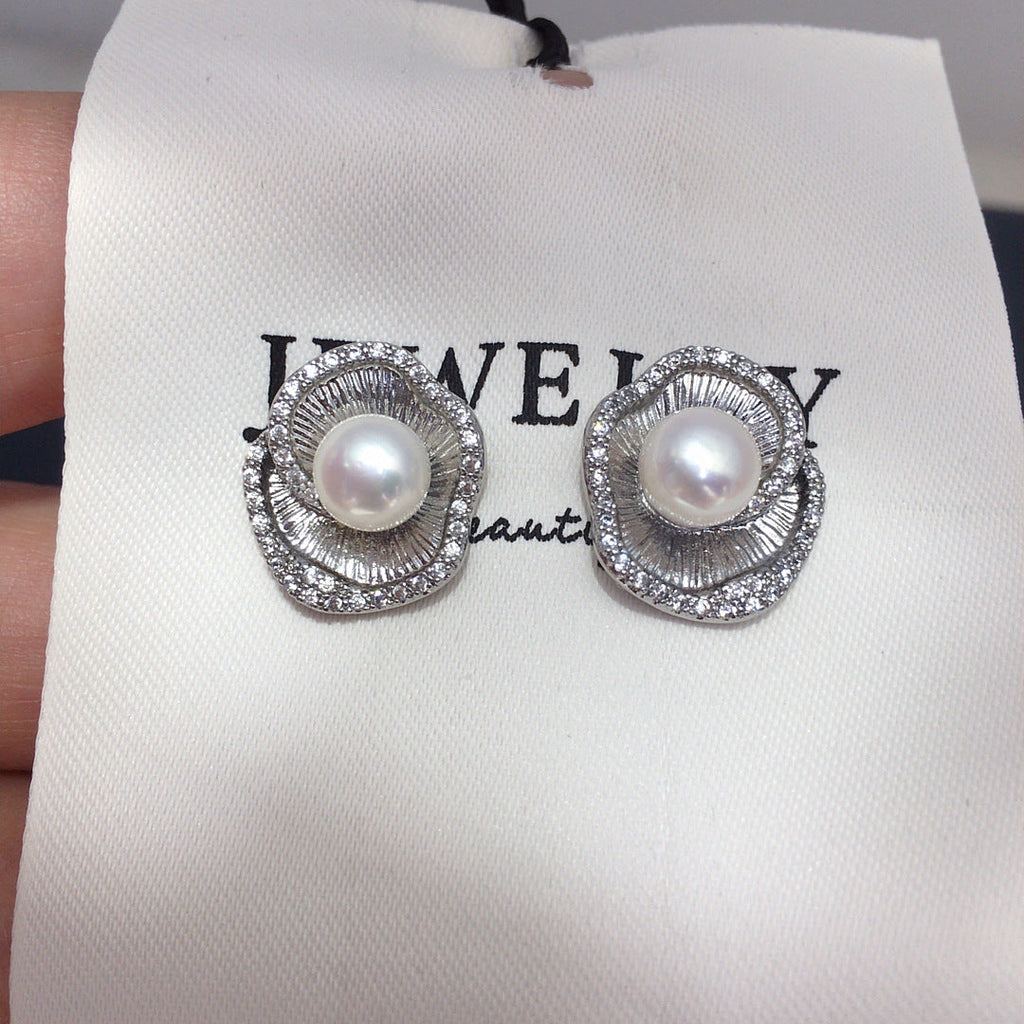 94 Exquisite natural freshwater pearl earrings elegant retro style micro inlaid zircon lotus leaf edge pearl earrings