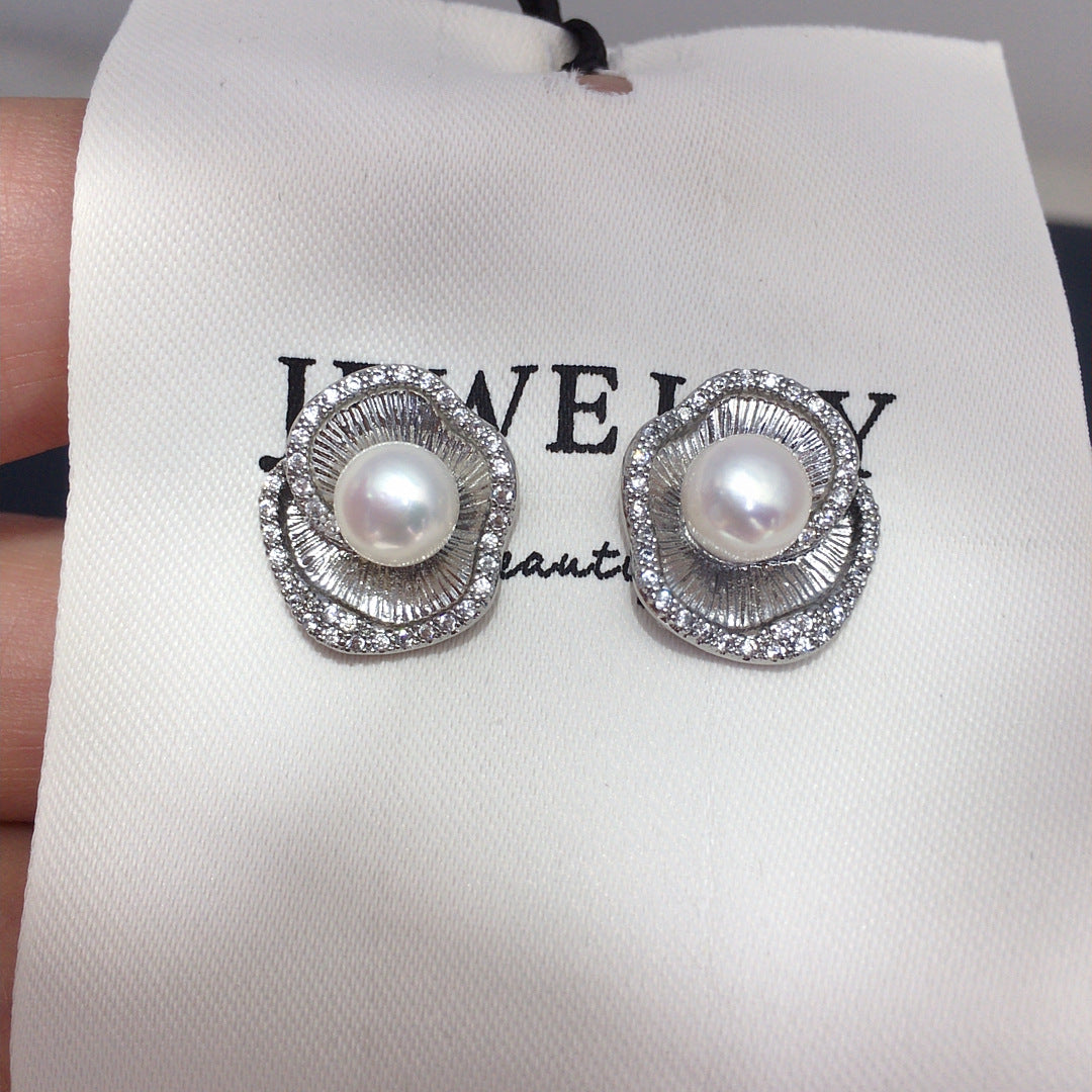 94 Exquisite natural freshwater pearl earrings elegant retro style micro inlaid zircon lotus leaf edge pearl earrings