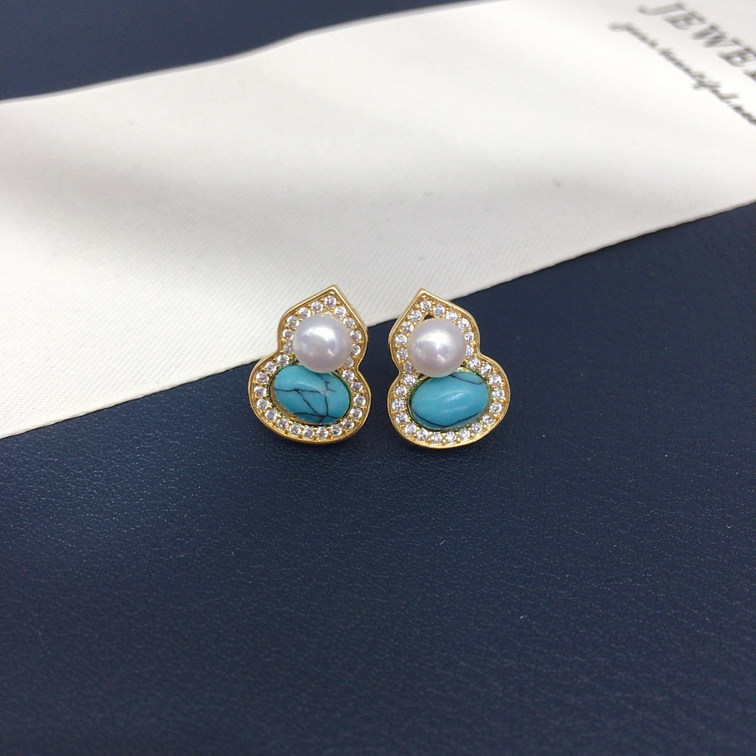 78 New Turquoise Gourd Natural Freshwater Pearl Earrings for Women's Fortune Retro Luxury Pearl Earrings