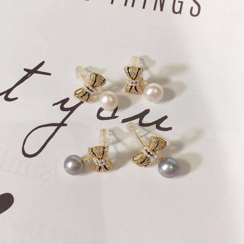 95 Natural Freshwater Pearl Earrings for Women, Light Luxury High-End Micro-Inlaid Zircon Bow Pearl Earrings