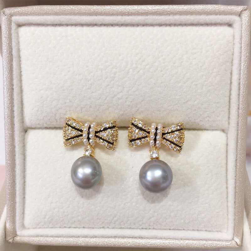 95 Natural Freshwater Pearl Earrings for Women, Light Luxury High-End Micro-Inlaid Zircon Bow Pearl Earrings