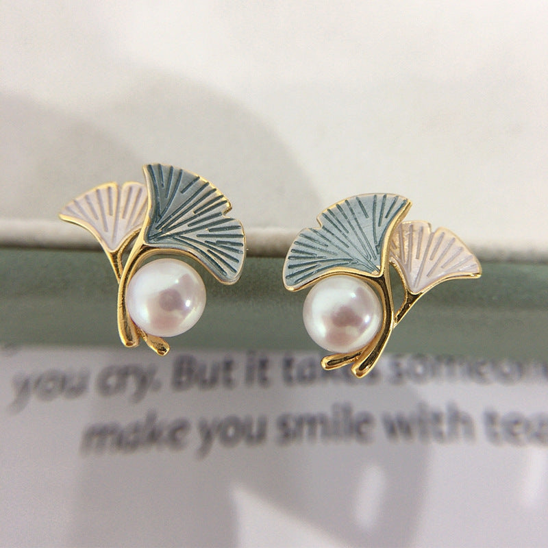 88 High brightness natural freshwater pearl earrings for women fresh ginkgo leaf pearl earrings