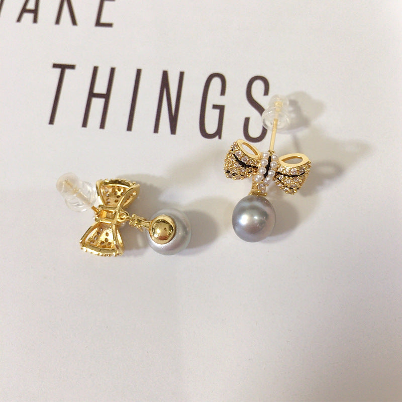 95 Natural Freshwater Pearl Earrings for Women, Light Luxury High-End Micro-Inlaid Zircon Bow Pearl Earrings