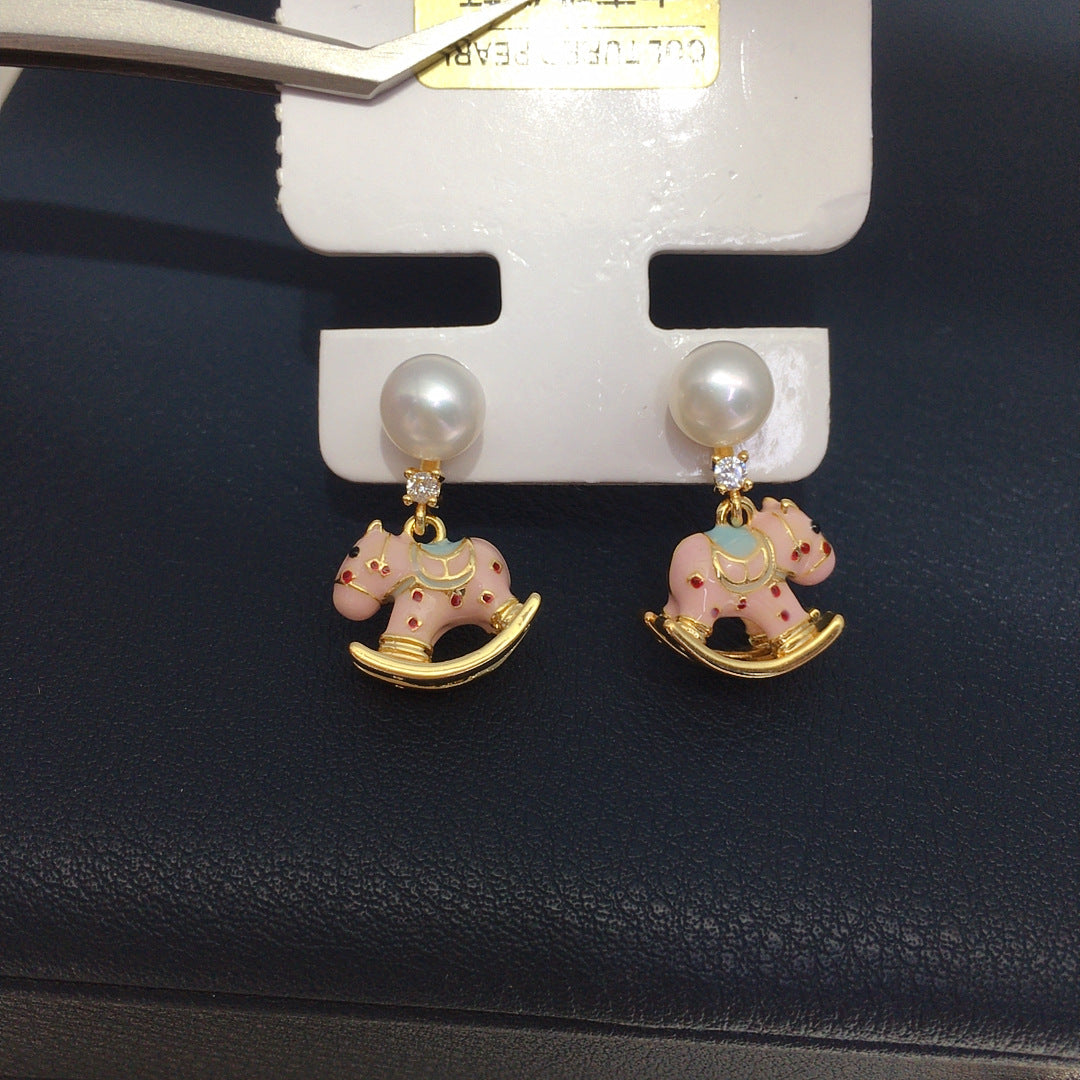 70 Natural freshwater pearl earrings Cute wooden horse shaped rocking chair earrings Simple and fashionable pearl earrings